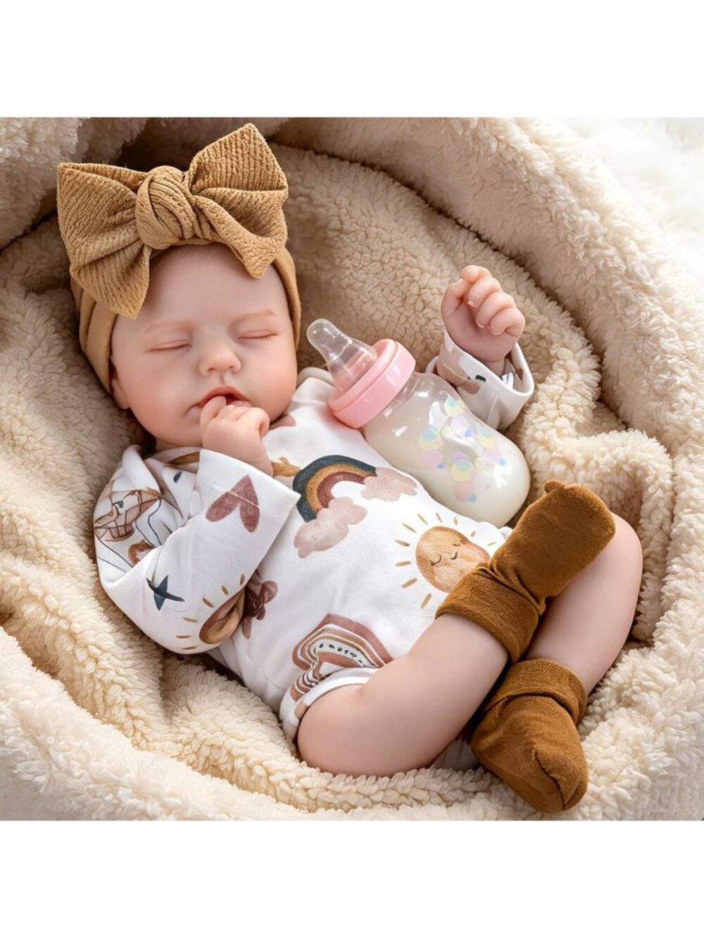 20in Reborn Newborn Baby Girl Doll Beige Outfit Brown Bow Gift Box